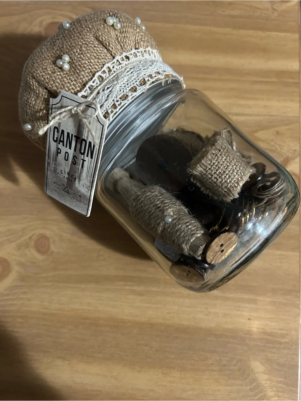 Vintage Burlap Pin Cushion Jar with Lace and Pearls - Brown & Cream